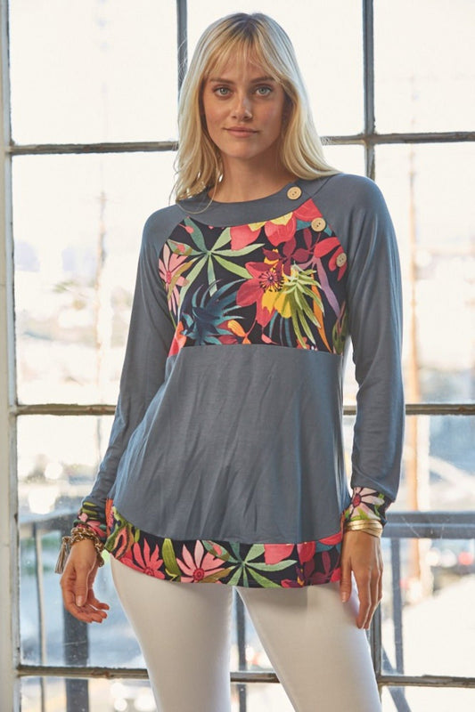 Celeste DesignTropical Print Long Sleeve T - Shirt in Dusty Teal