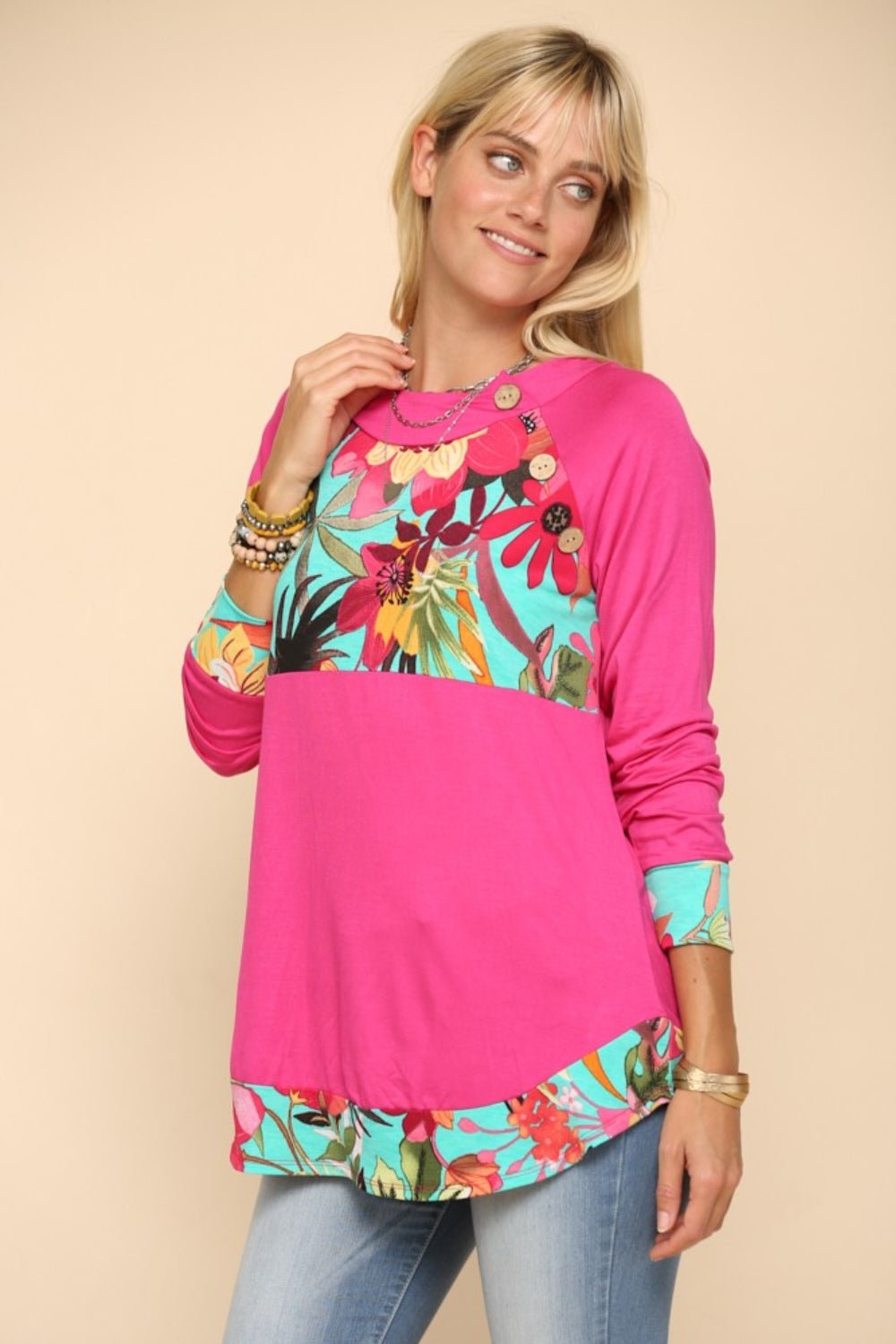 Celeste DesignTropical Print Long Sleeve T - Shirt in Fuchsia