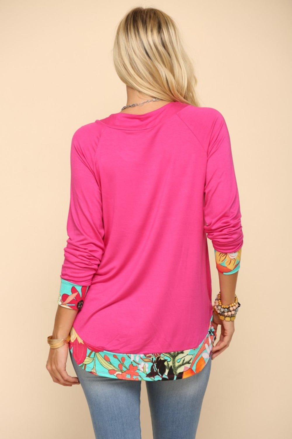 Celeste DesignTropical Print Long Sleeve T - Shirt in Fuchsia