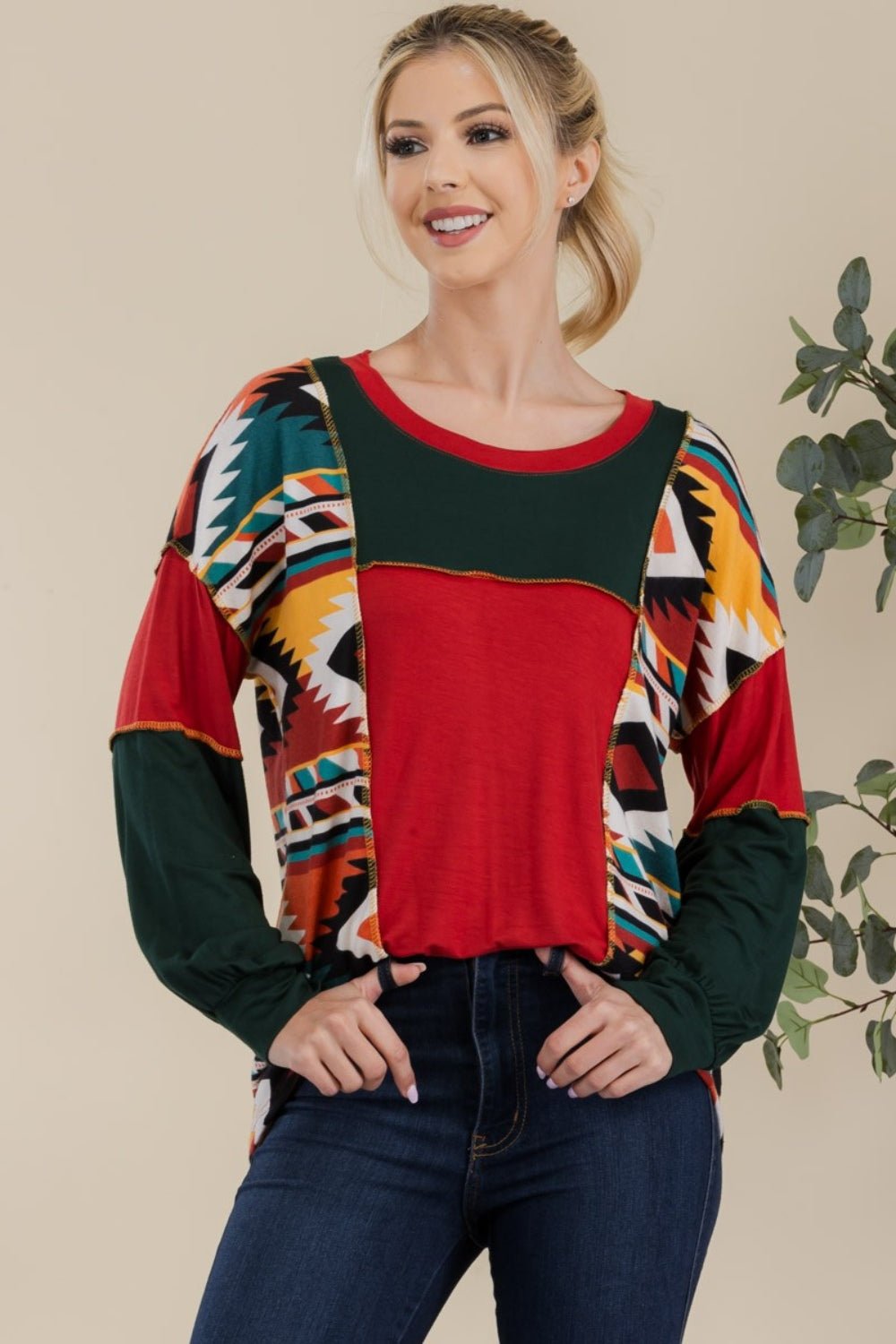 CELESTE - Exposed Seam Printed Color Block T-Shirt in Red