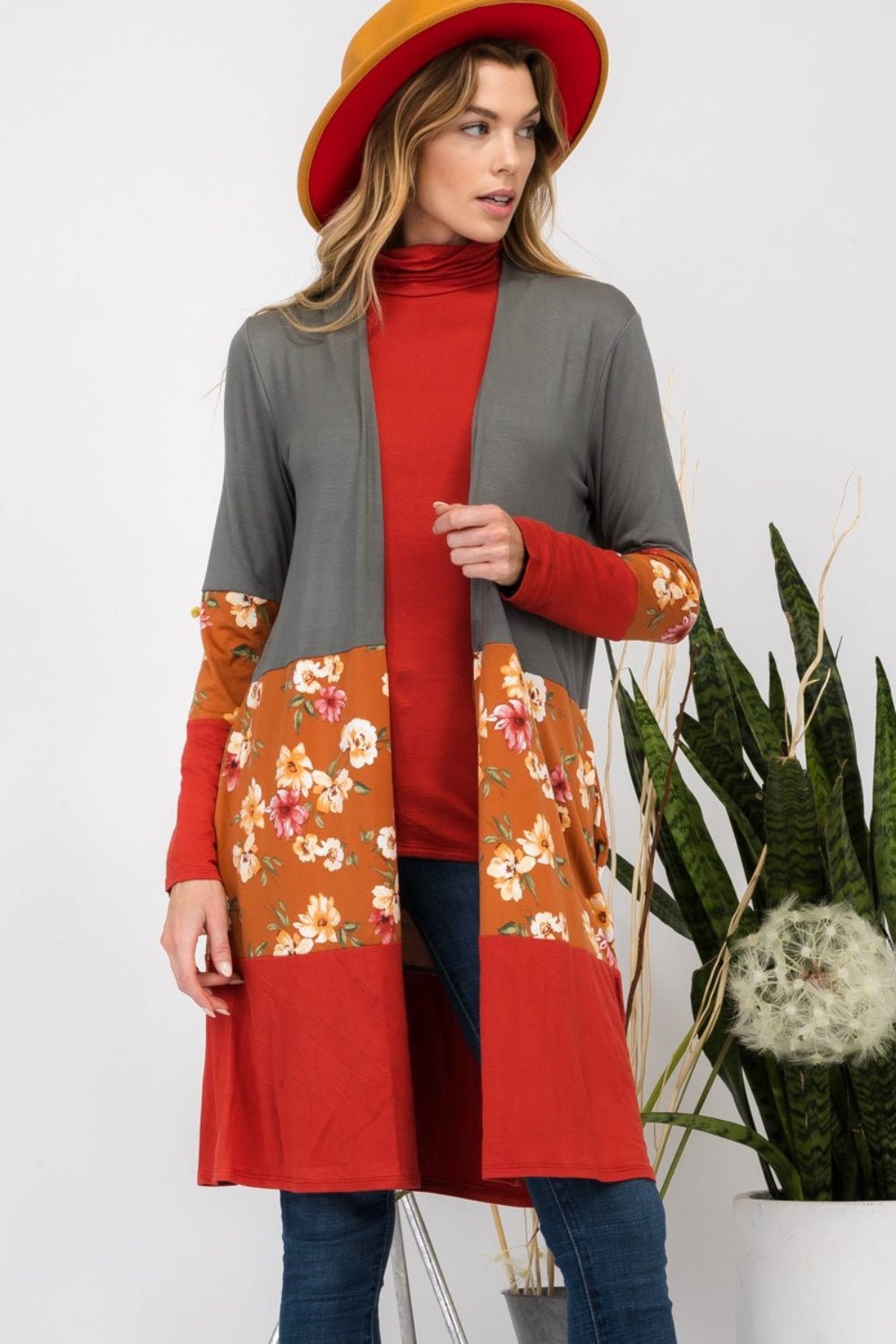 CELESTE - Floral Color Block Open Front Cardigan in Olive Rust