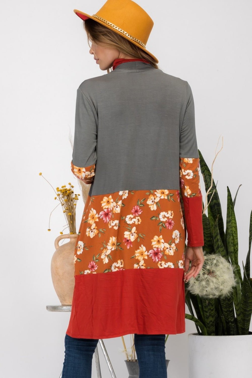 CELESTE - Floral Color Block Open Front Cardigan in Olive Rust