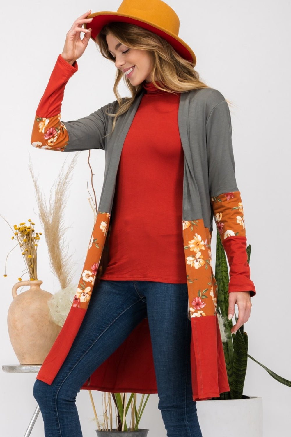 CELESTE - Floral Color Block Open Front Cardigan in Olive Rust