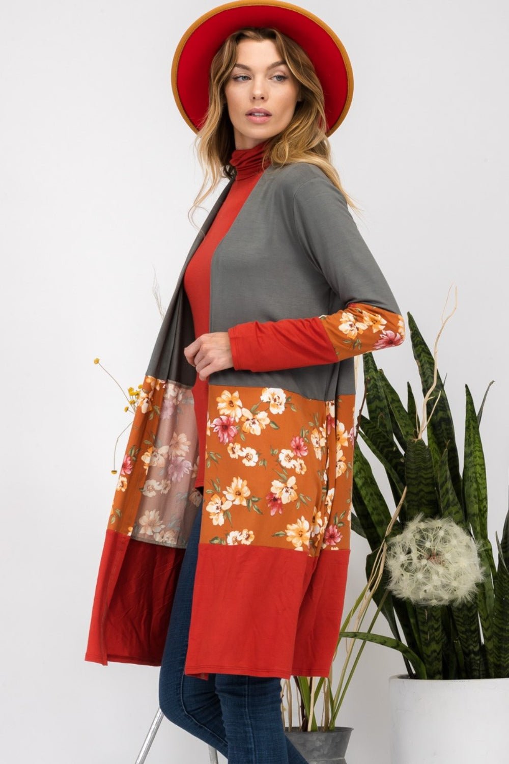 CELESTE - Floral Color Block Open Front Cardigan in Olive Rust