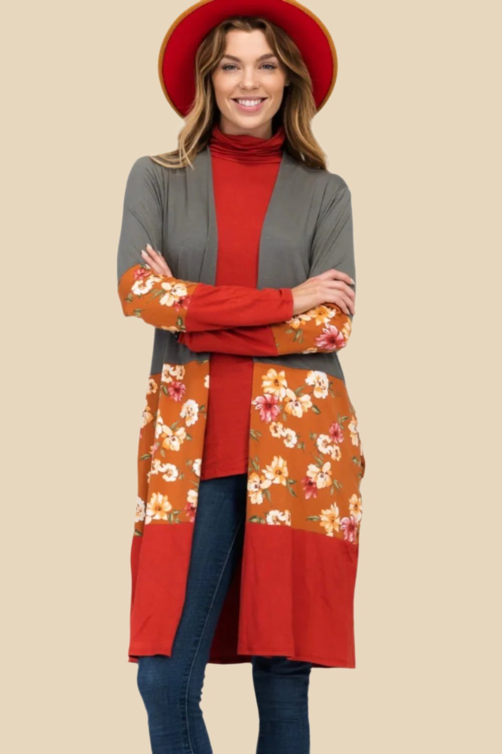 CELESTE - Floral Color Block Open Front Cardigan in Olive Rust