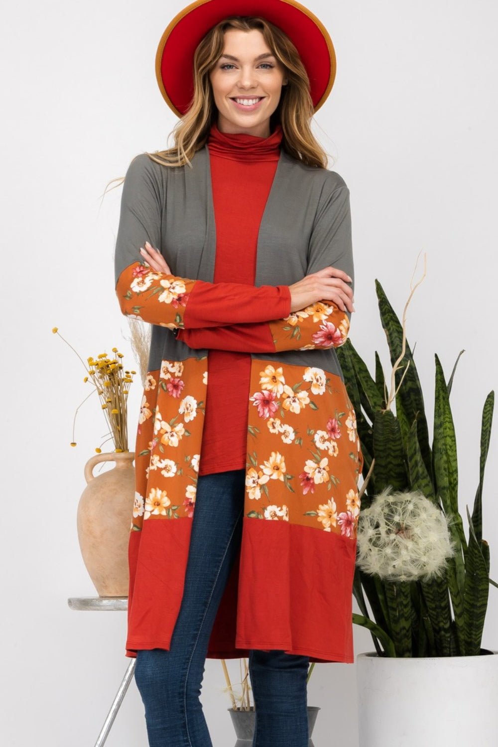 CELESTE - Floral Color Block Open Front Cardigan in Olive Rust