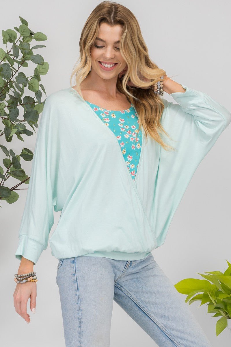 CELESTE - Floral Layered Look Top in Mint