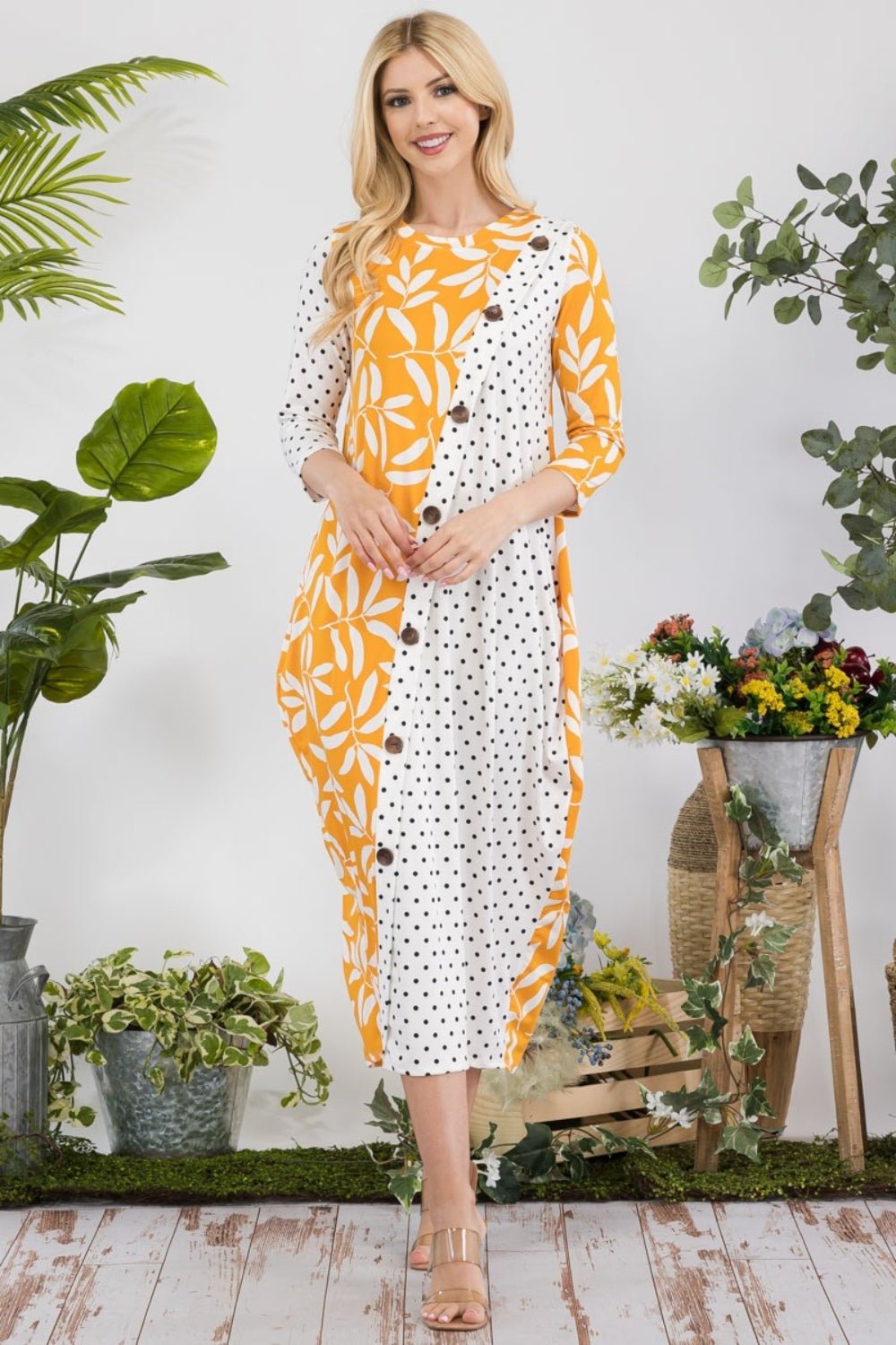 CELESTE - Floral Polka Dot Contrast Midi - Dress with Pockets in Mustard