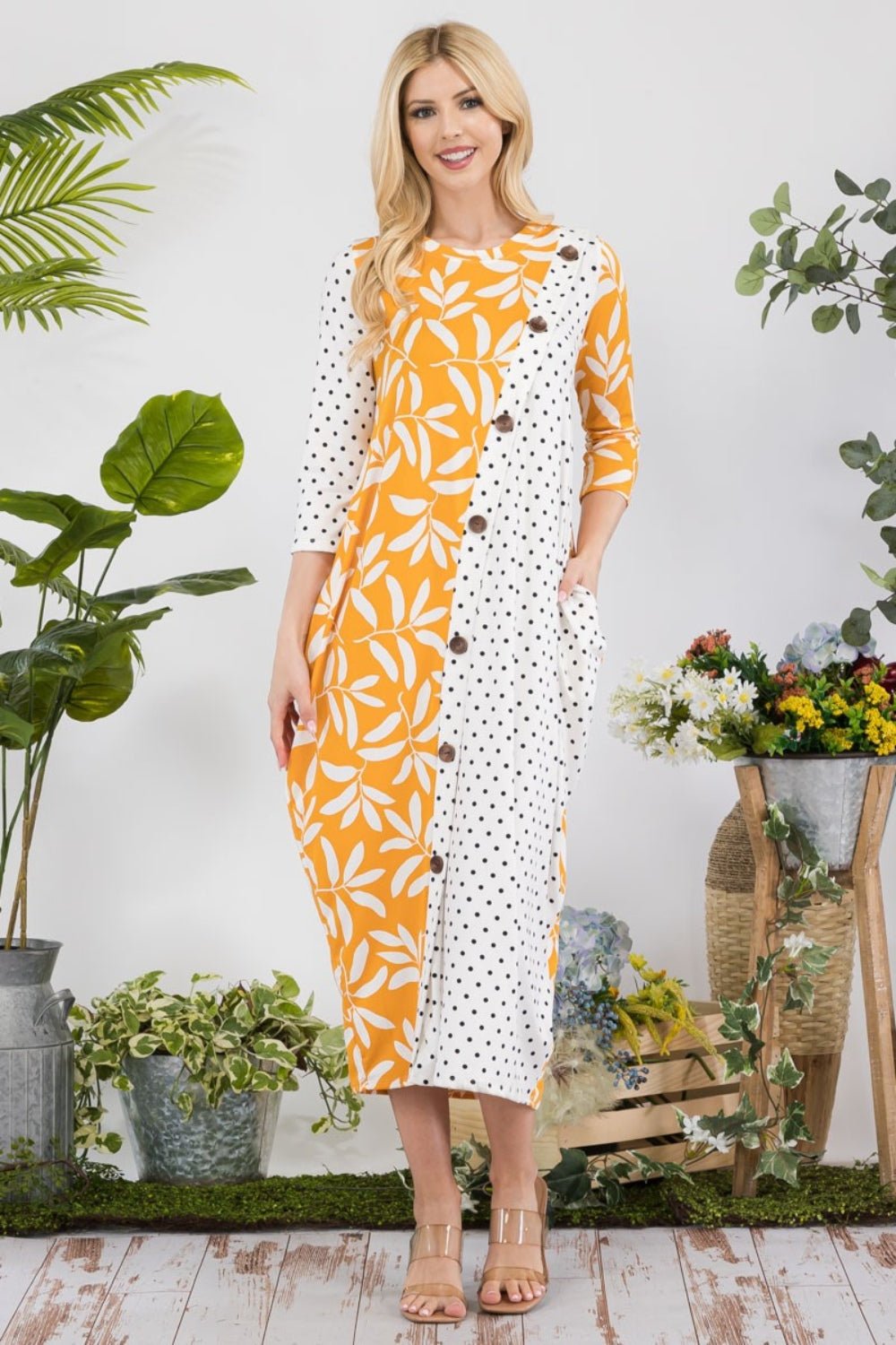 CELESTE - Floral Polka Dot Contrast Midi - Dress with Pockets in Mustard