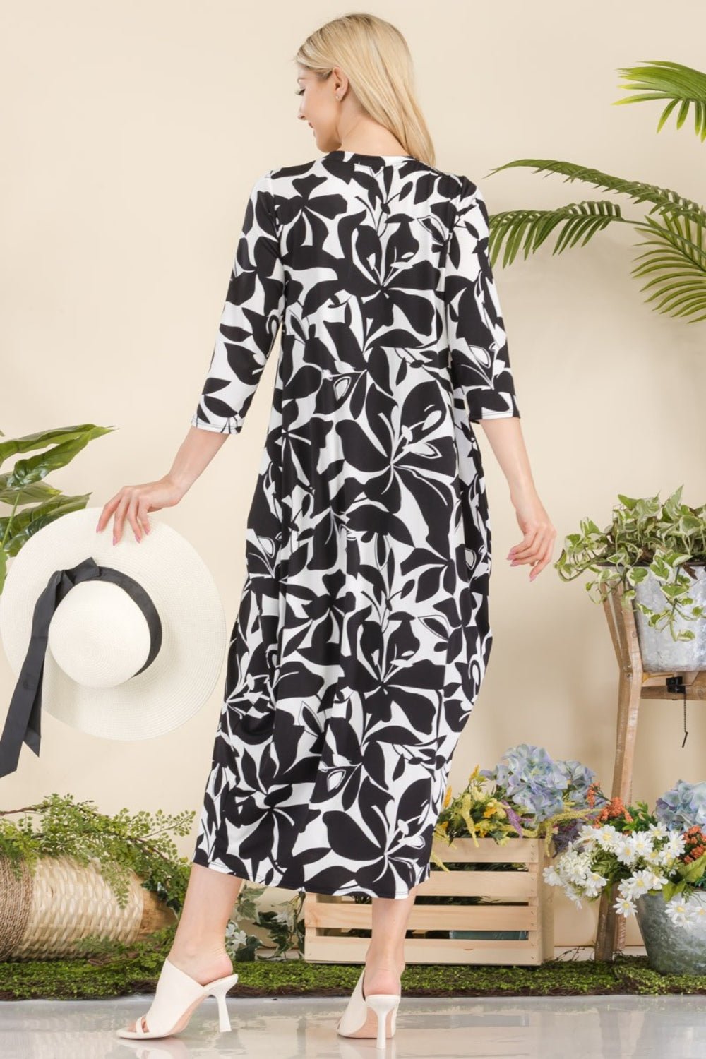 CELESTE - Floral Print Contrast Midi Dress with Pockets in Black Ivory