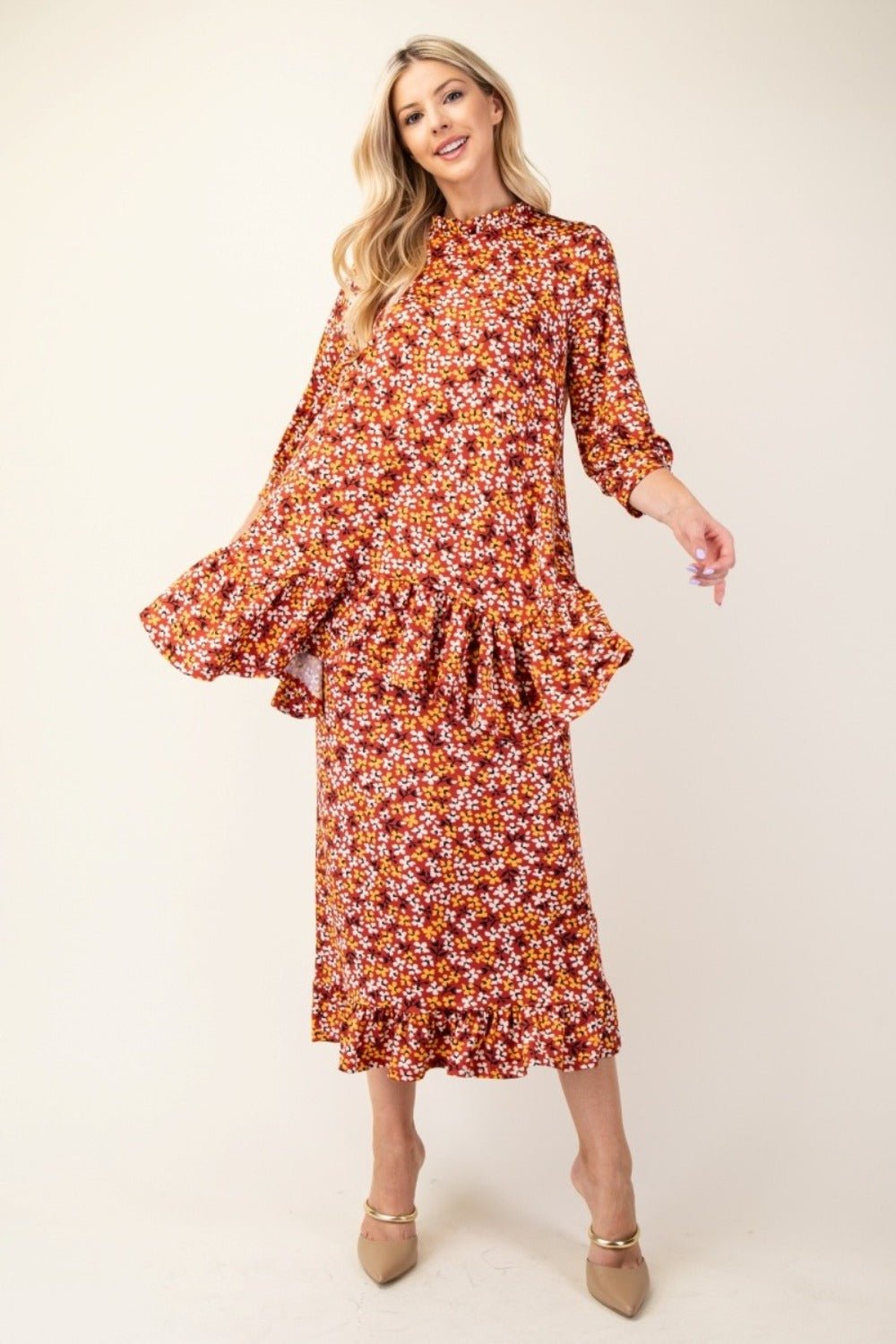 CELESTE - Floral Ruffled Top and Midi Skirt Set in Rust