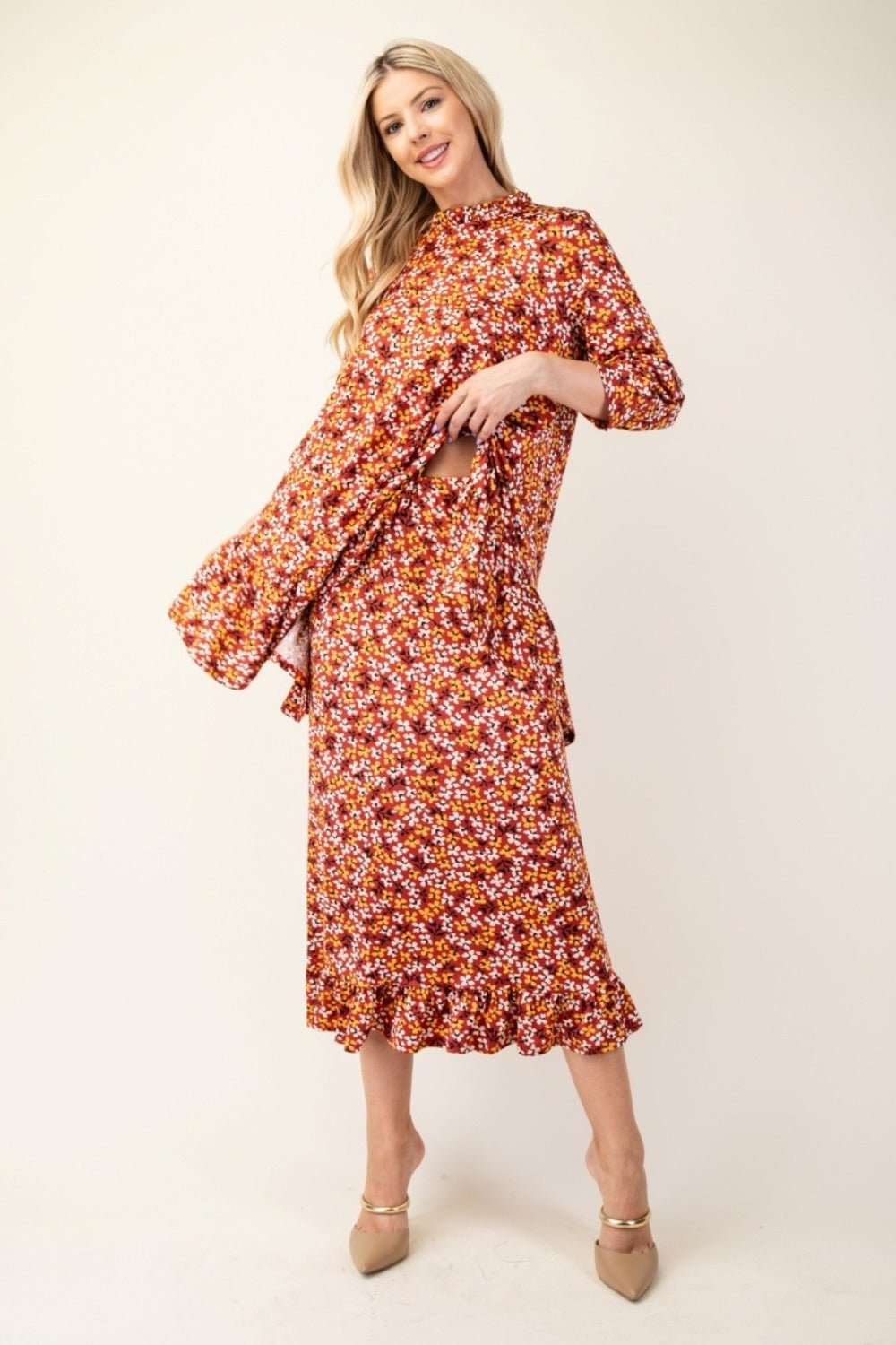 CELESTE - Floral Ruffled Top and Midi Skirt Set in Rust