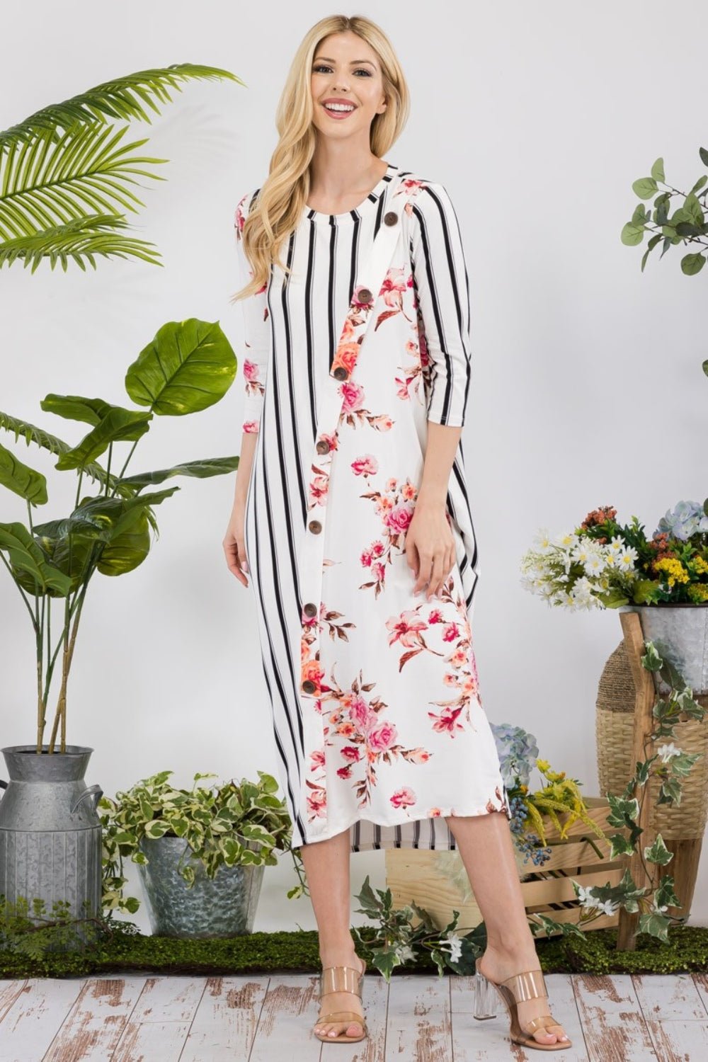 CELESTE - Floral Striped Contrast Midi - Dress with Pockets in Ivory