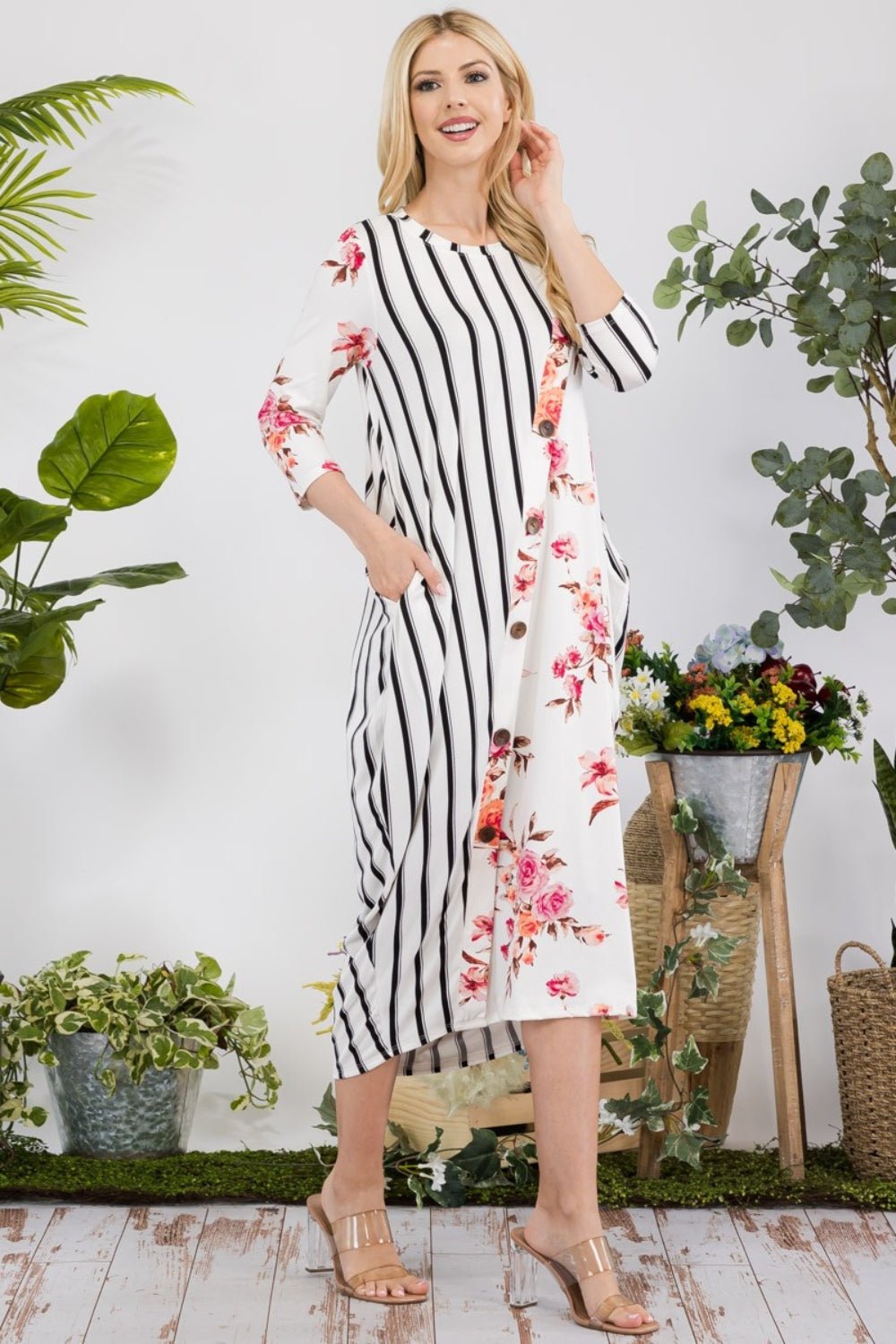 CELESTE - Floral Striped Contrast Midi - Dress with Pockets in Ivory