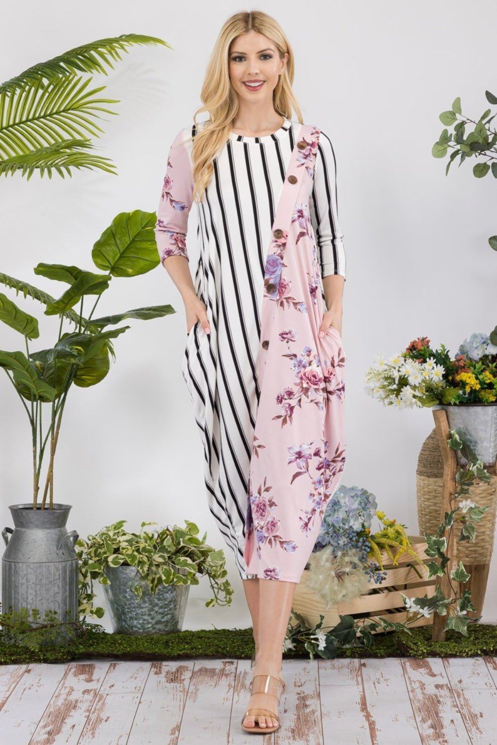 CELESTE - Floral Striped Contrast Midi - Dress with Pockets in Mauve