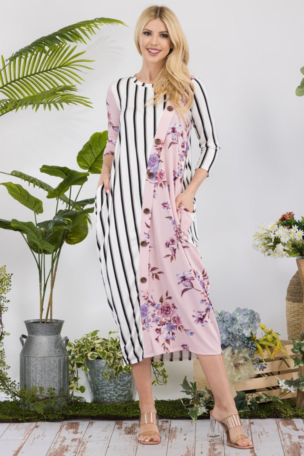 CELESTE - Floral Striped Contrast Midi - Dress with Pockets in Mauve