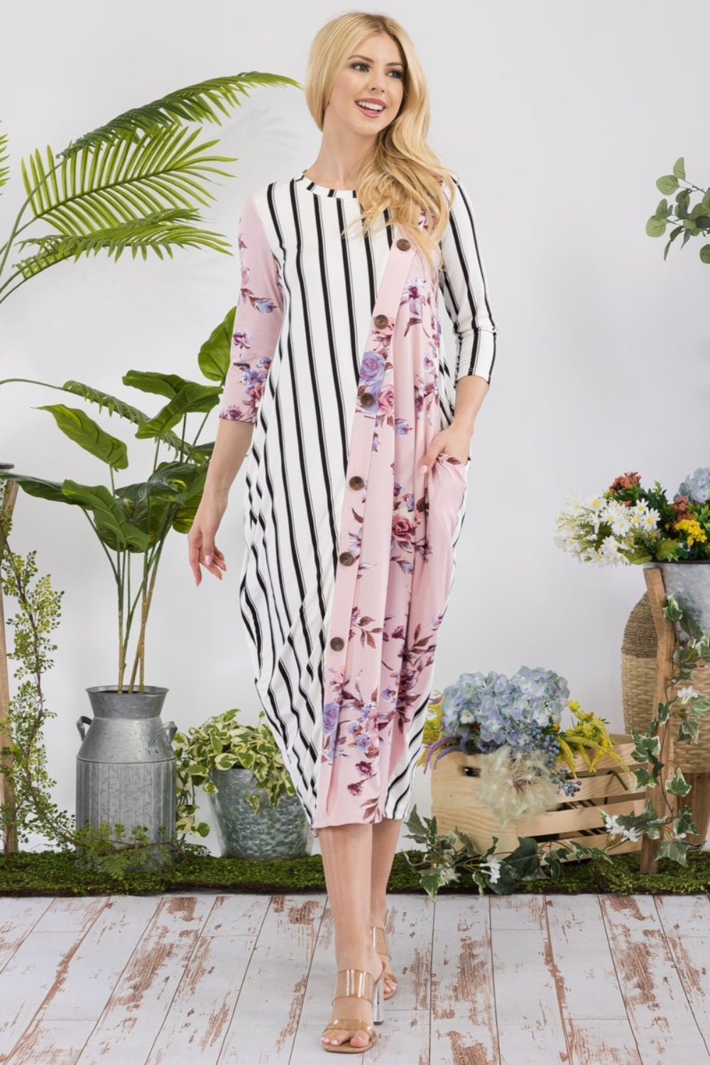 CELESTE - Floral Striped Contrast Midi - Dress with Pockets in Mauve