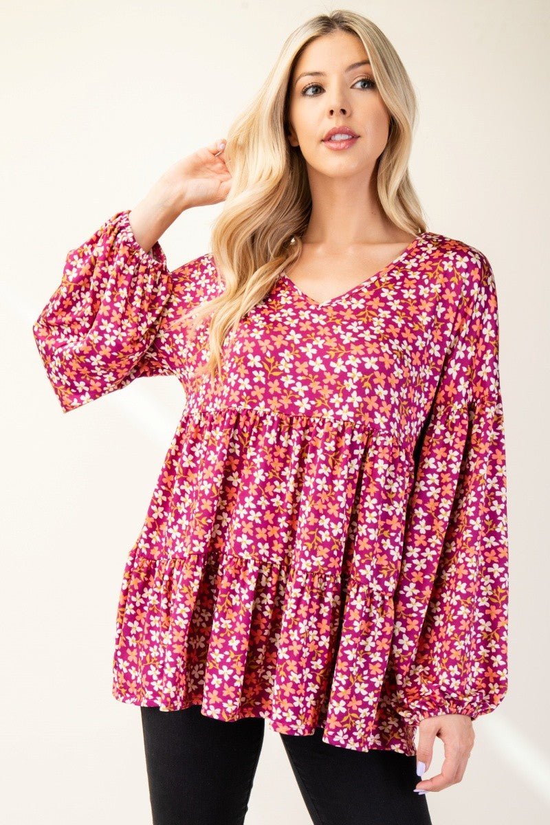 CELESTE - Floral V - Neck Babydoll Blouse in Magenta