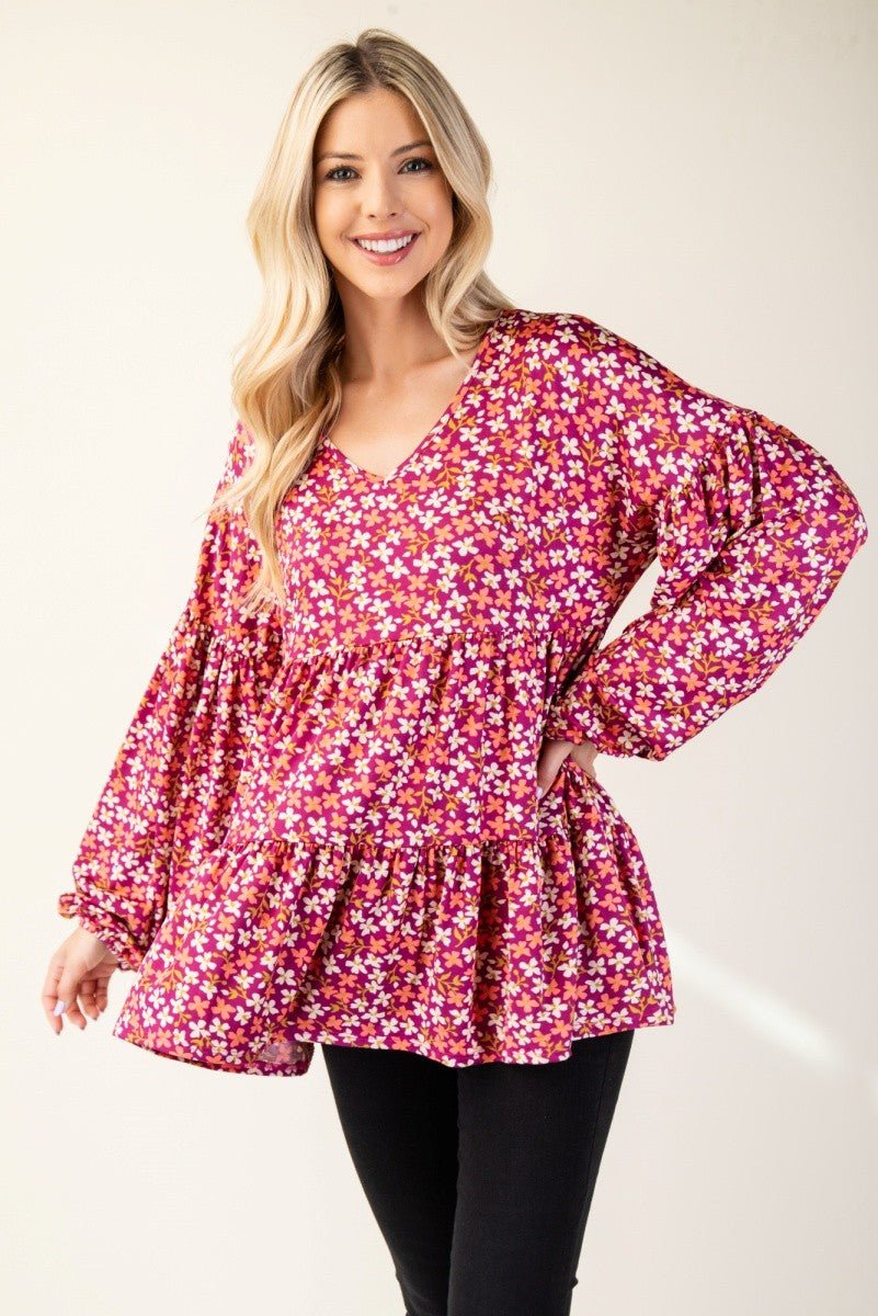 CELESTE - Floral V - Neck Babydoll Blouse in Magenta