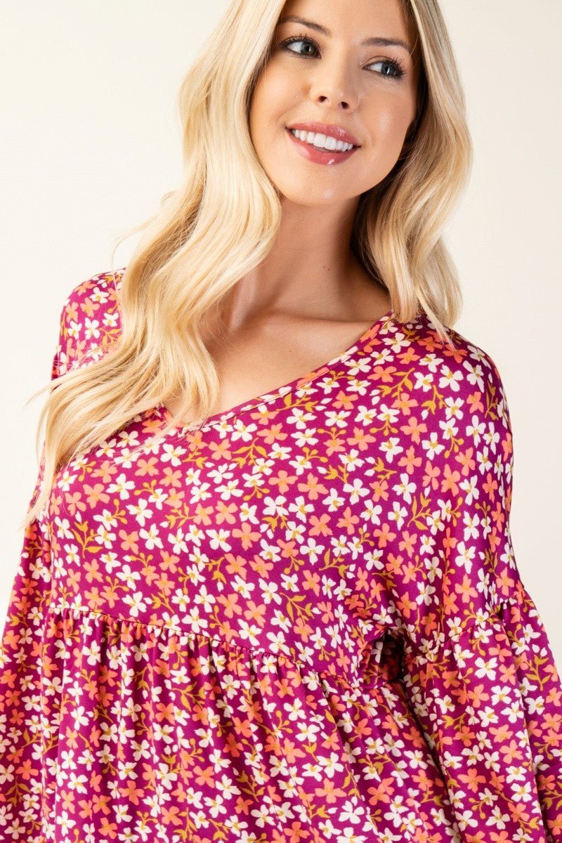 CELESTE - Floral V - Neck Babydoll Blouse in Magenta