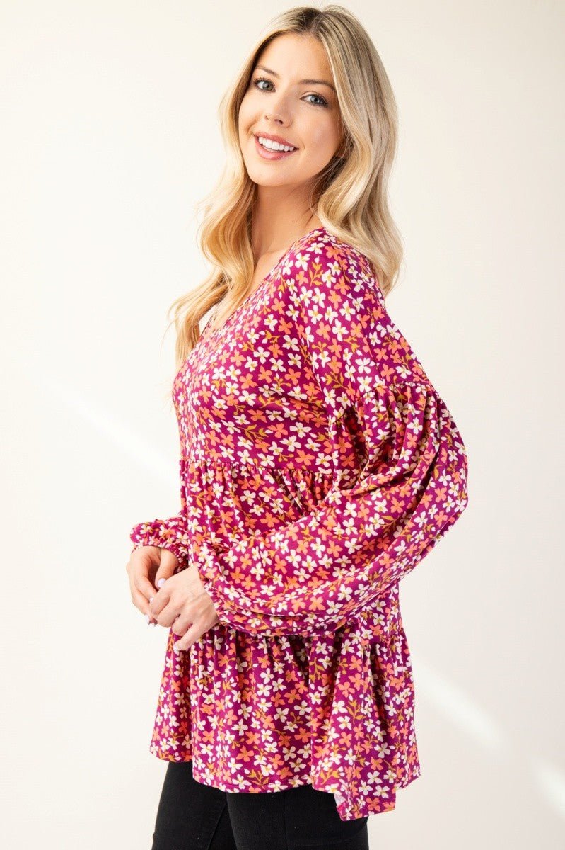 CELESTE - Floral V - Neck Babydoll Blouse in Magenta