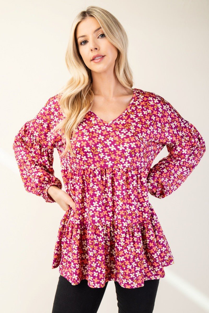 CELESTE - Floral V - Neck Babydoll Blouse in Magenta