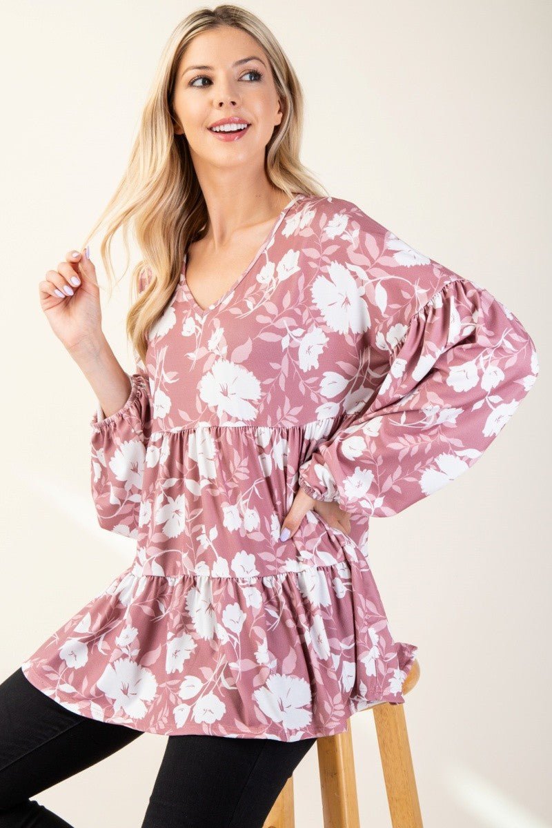 CELESTE - Floral V - Neck Long Sleeve Blouse in Mauve