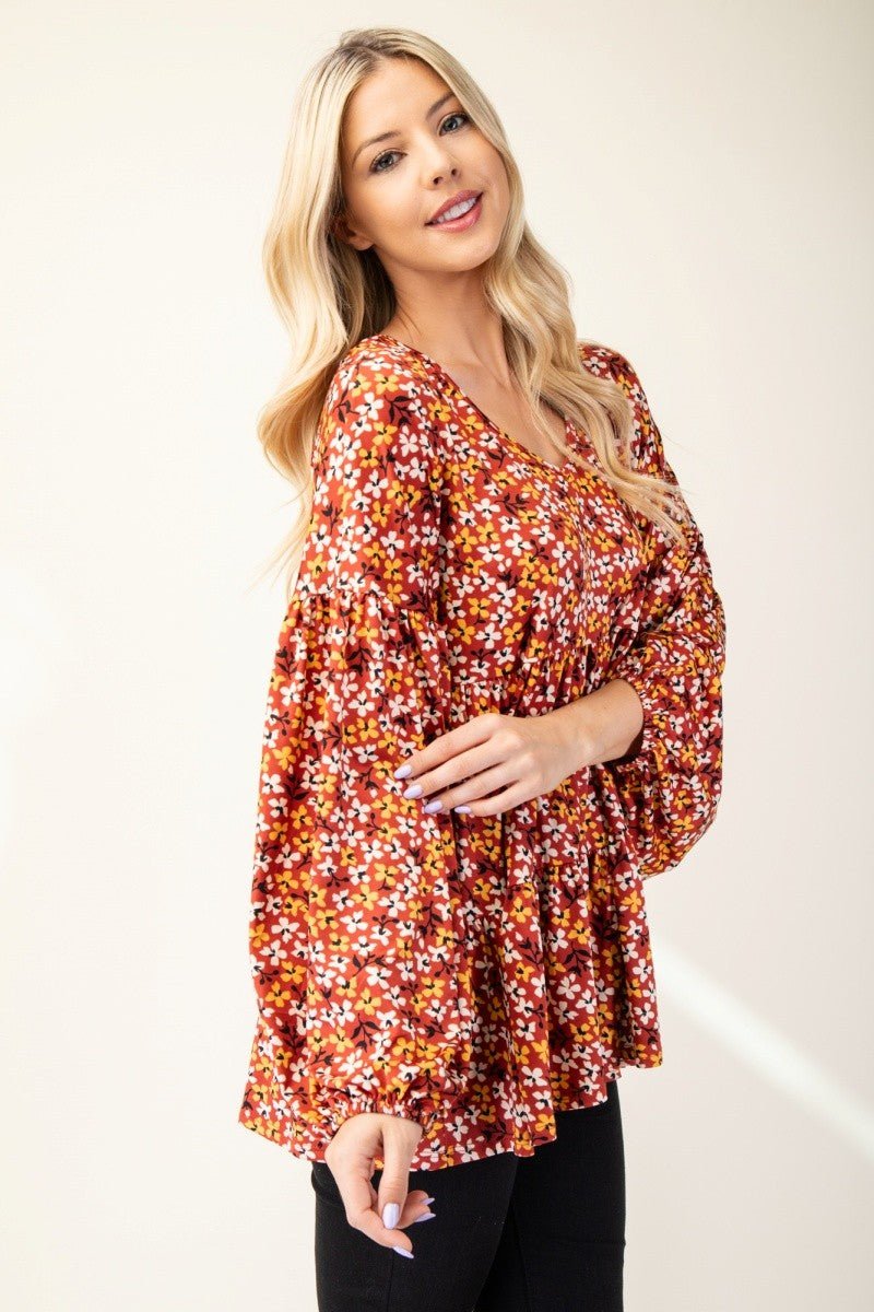 CELESTE - Floral V - Neck Long Sleeve Blouse in Rust