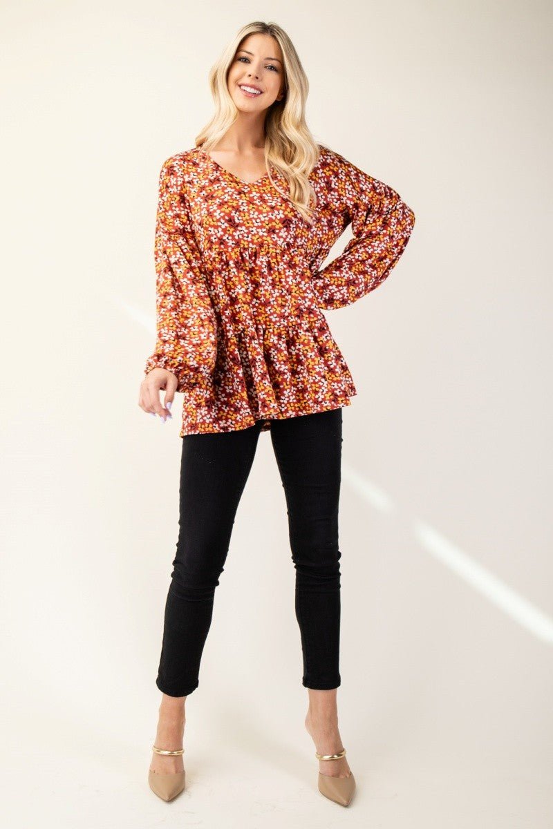 CELESTE - Floral V - Neck Long Sleeve Blouse in Rust