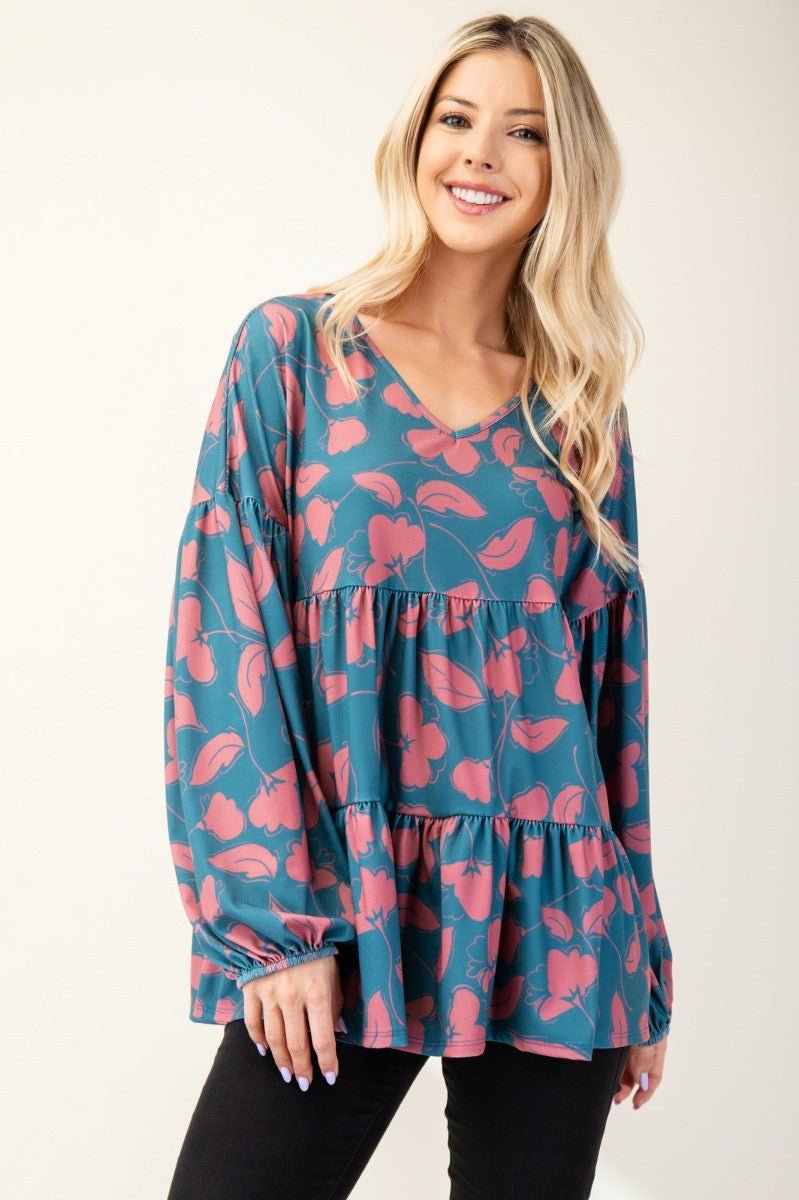 CELESTE - Floral V - Neck Long Sleeve Blouse in Teal