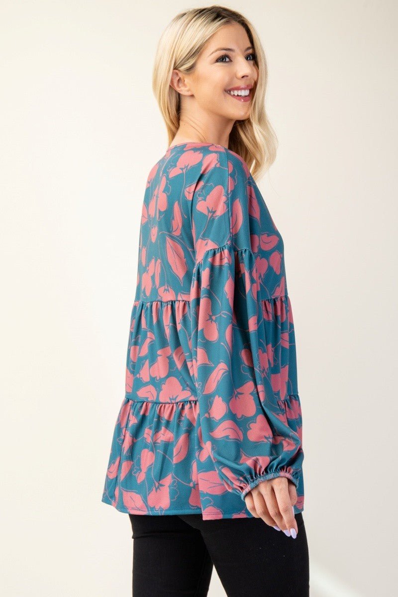 CELESTE - Floral V - Neck Long Sleeve Blouse in Teal