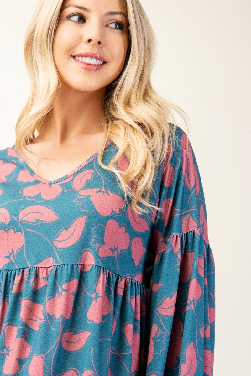 CELESTE - Floral V - Neck Long Sleeve Blouse in Teal