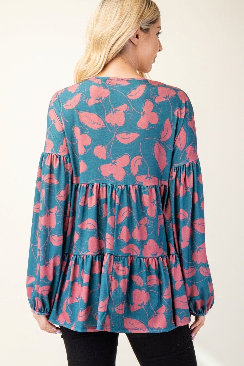 CELESTE - Floral V - Neck Long Sleeve Blouse in Teal