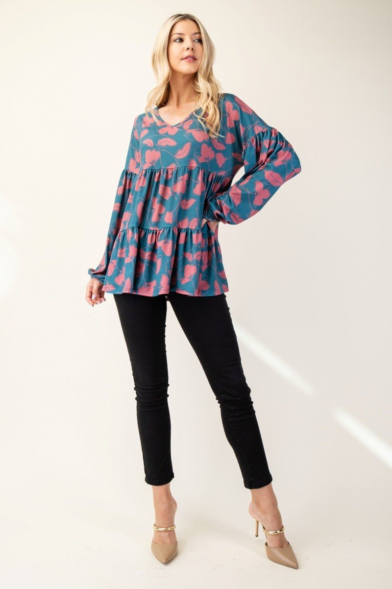 CELESTE - Floral V - Neck Long Sleeve Blouse in Teal