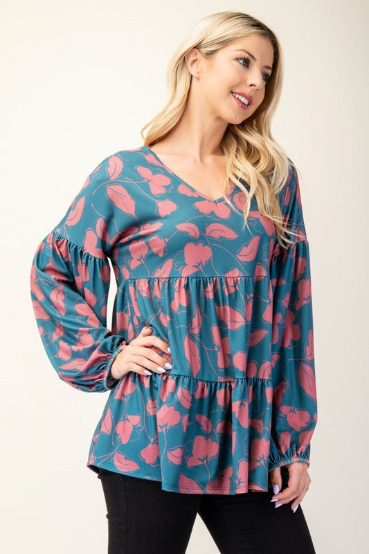 CELESTE - Floral V - Neck Long Sleeve Blouse in Teal