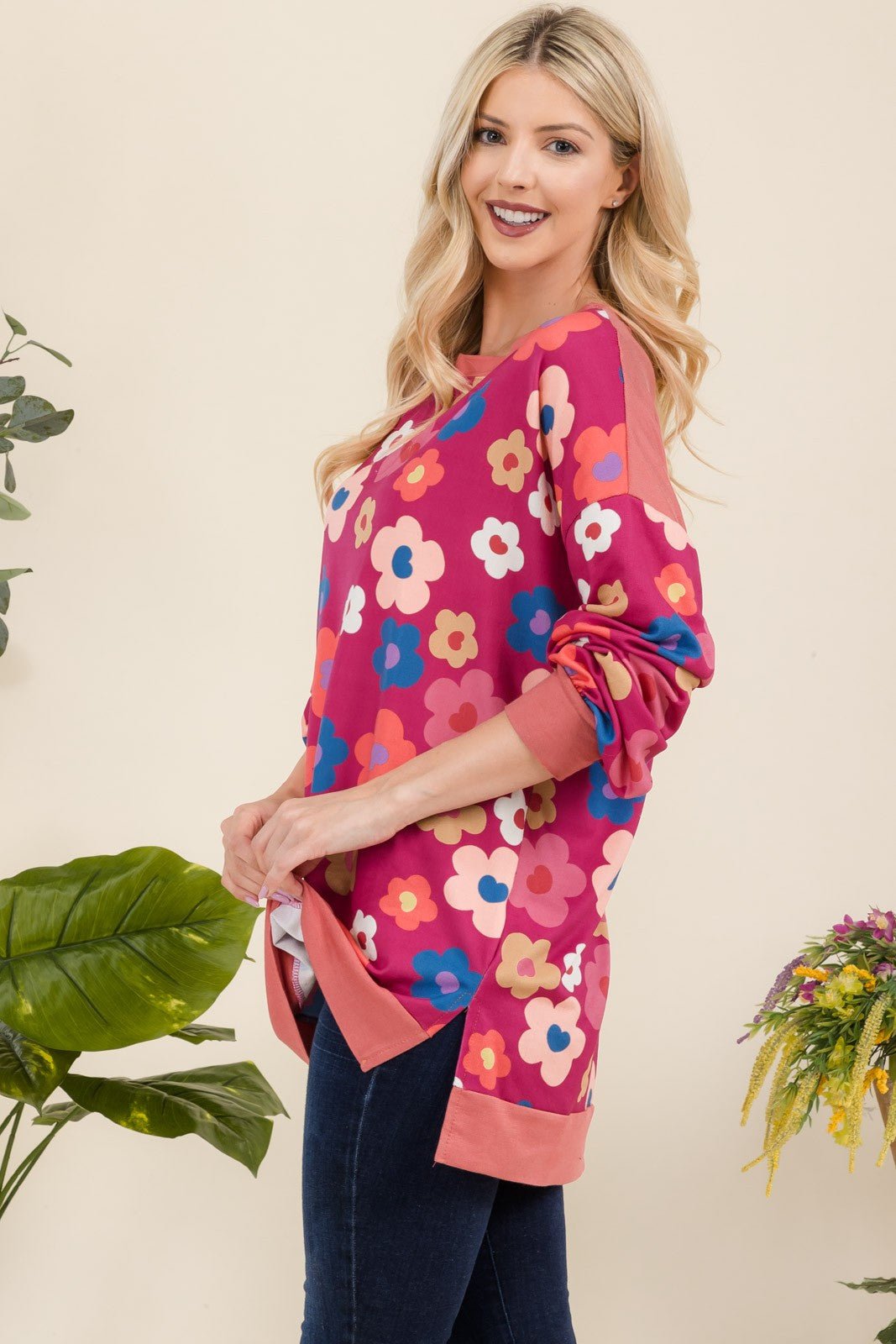 CELESTE - Flower Print Long Sleeve Tunic Top in Fuchsia