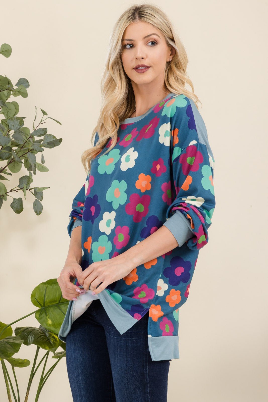 CELESTE - Flower Print Long Sleeve Tunic Top in Teal