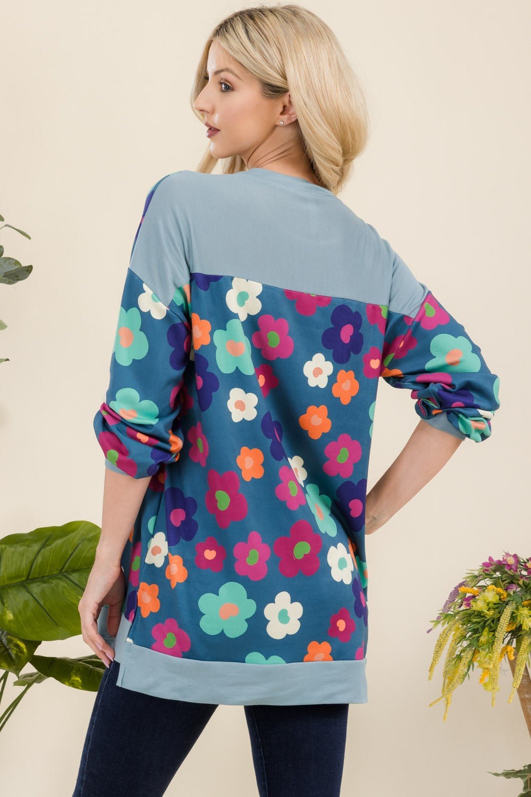 CELESTE - Flower Print Long Sleeve Tunic Top in Teal