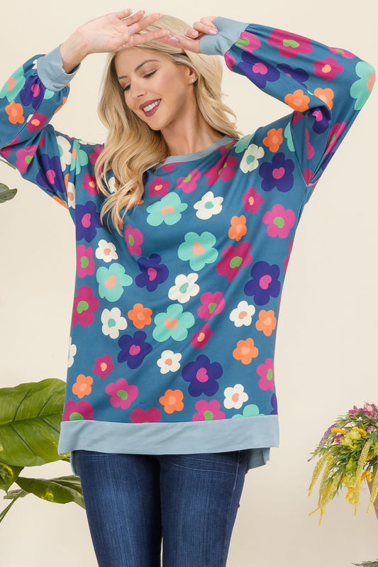 CELESTE - Flower Print Long Sleeve Tunic Top in Teal