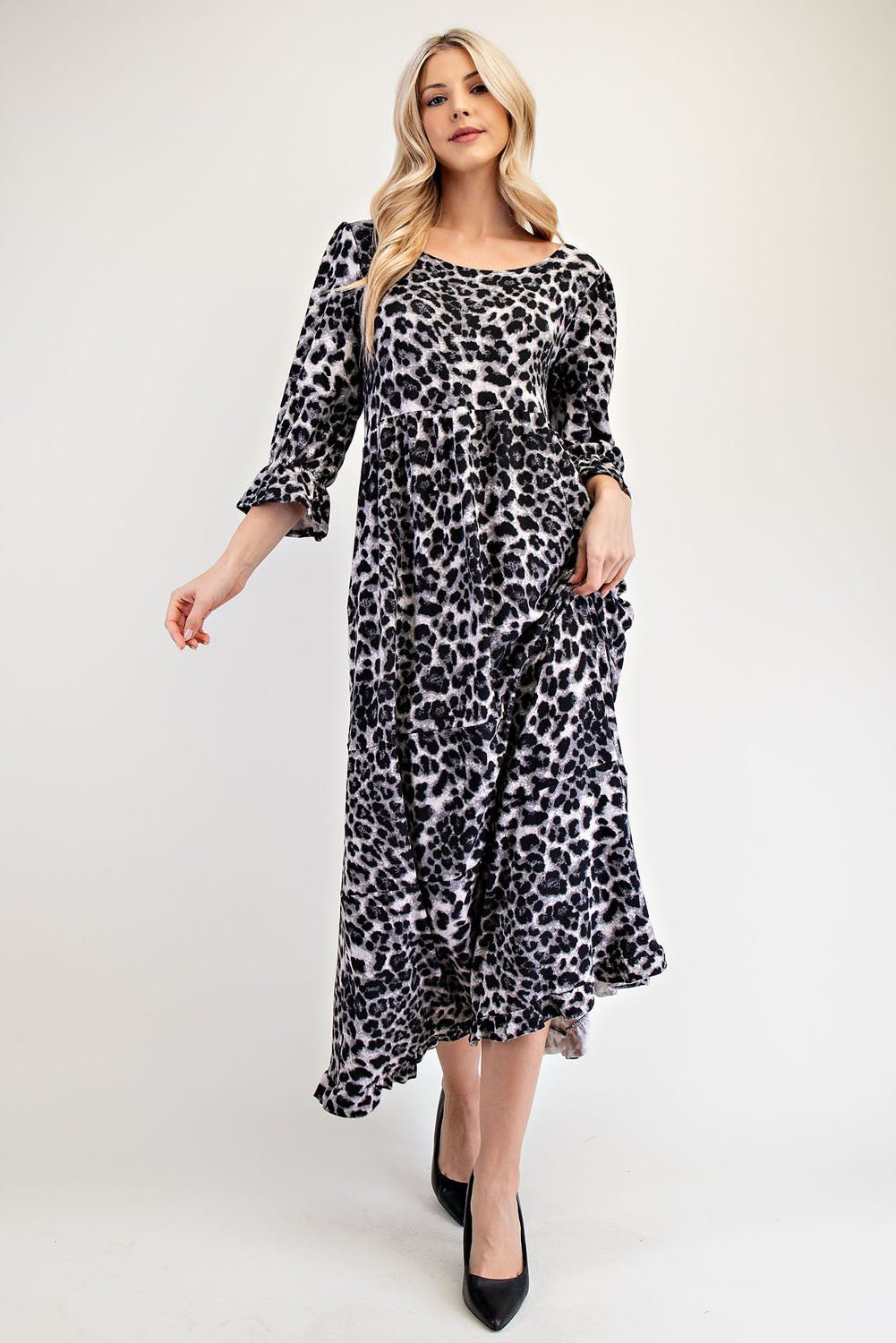 CELESTE - Gray Leopard Print Flounce Sleeve Maxi Dress