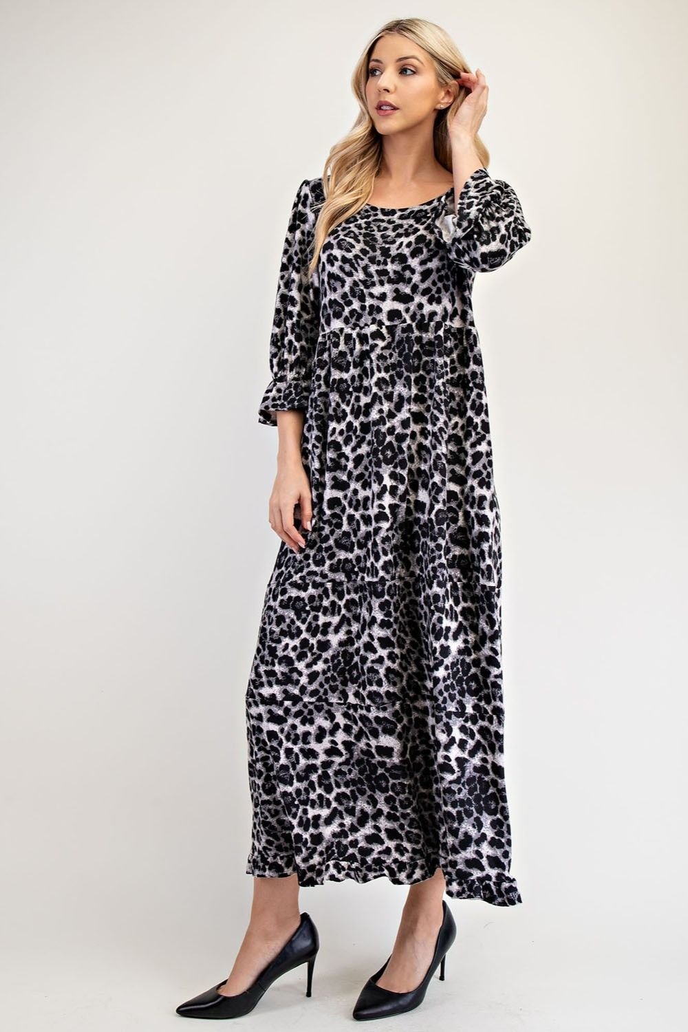 CELESTE - Gray Leopard Print Flounce Sleeve Maxi Dress