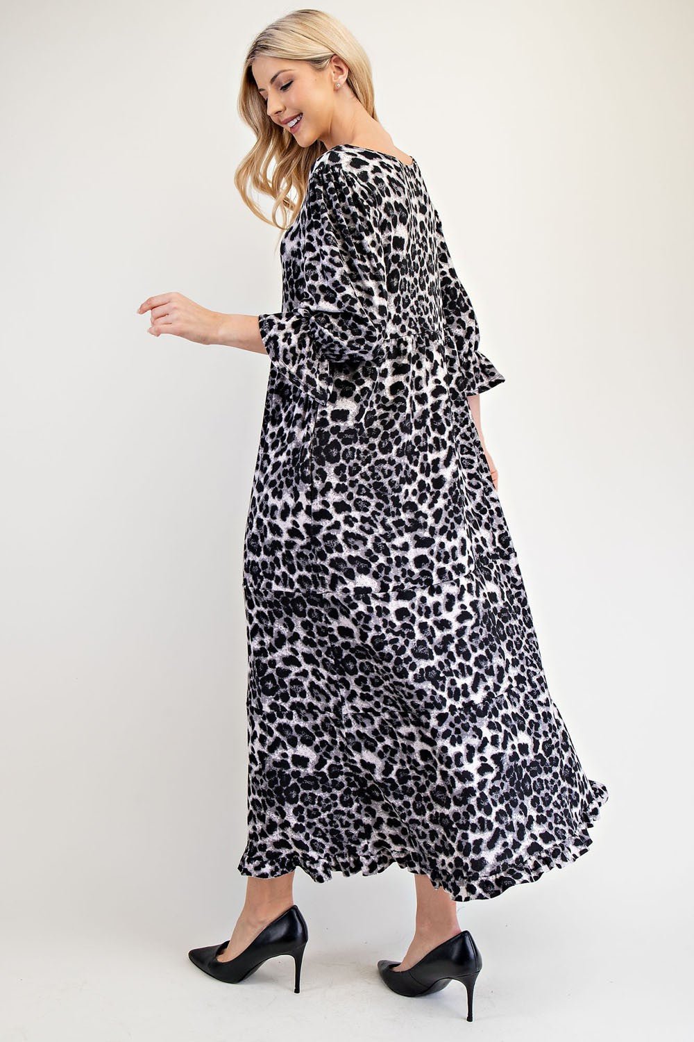 CELESTE - Gray Leopard Print Flounce Sleeve Maxi Dress