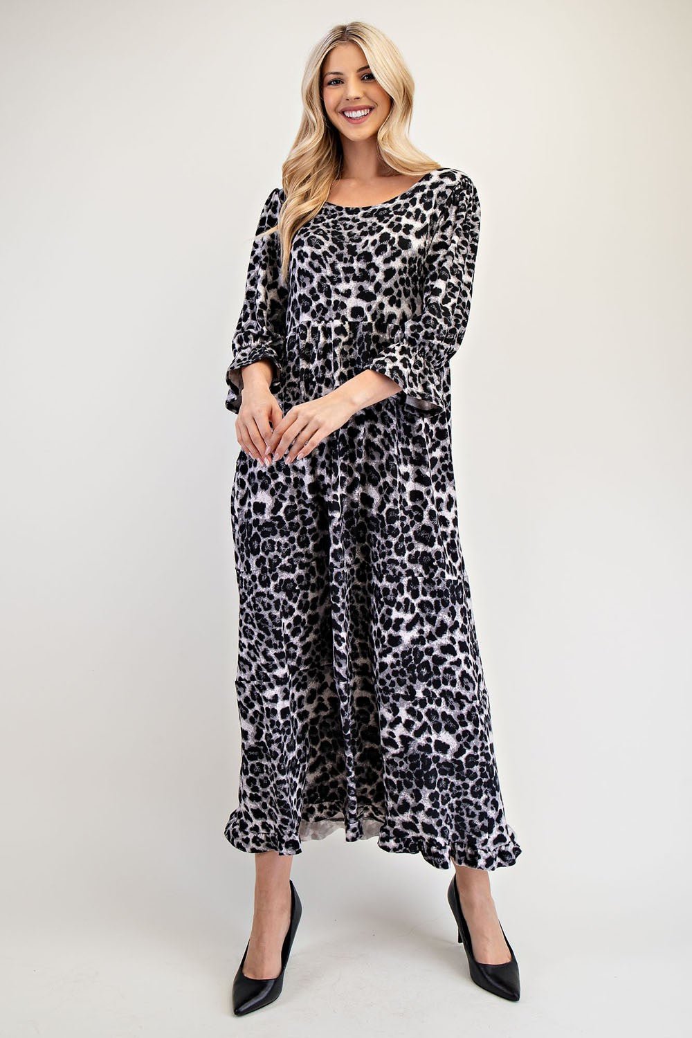 CELESTE - Gray Leopard Print Flounce Sleeve Maxi Dress