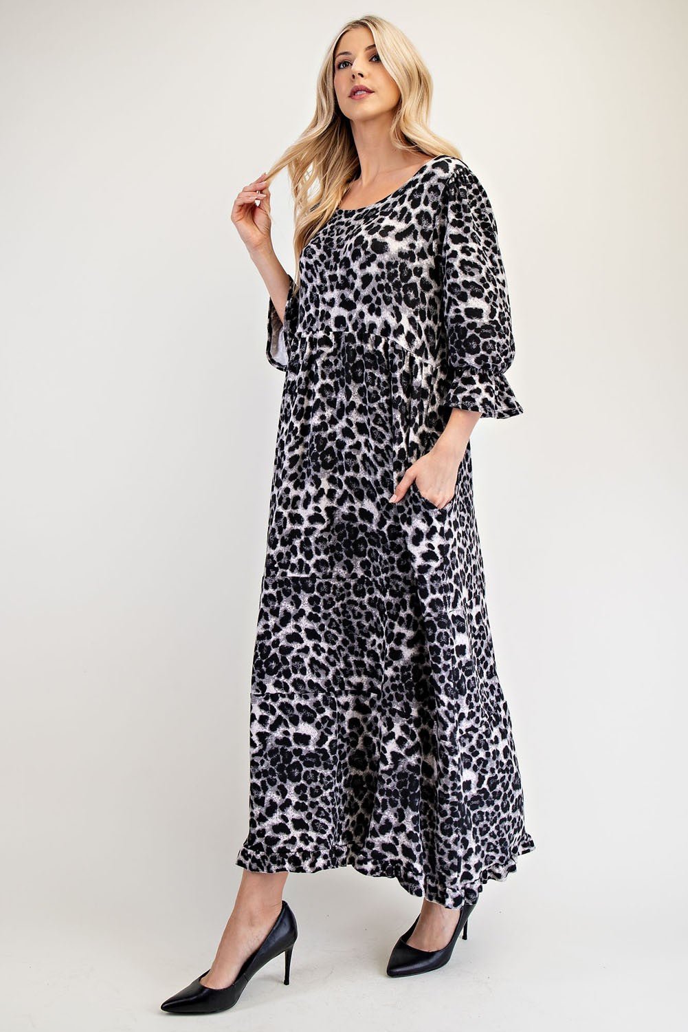 CELESTE - Gray Leopard Print Flounce Sleeve Maxi Dress