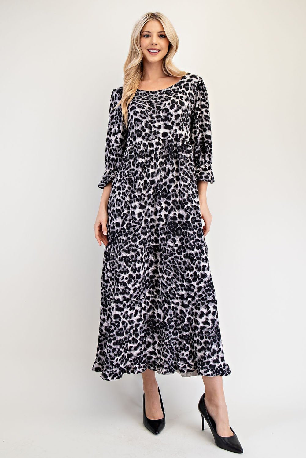 CELESTE - Gray Leopard Print Flounce Sleeve Maxi Dress