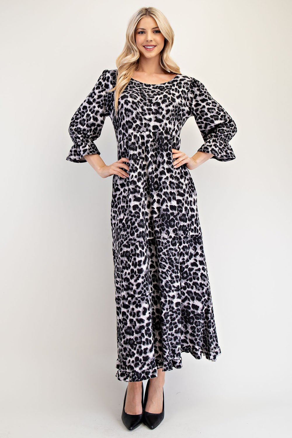 CELESTE - Gray Leopard Print Flounce Sleeve Maxi Dress