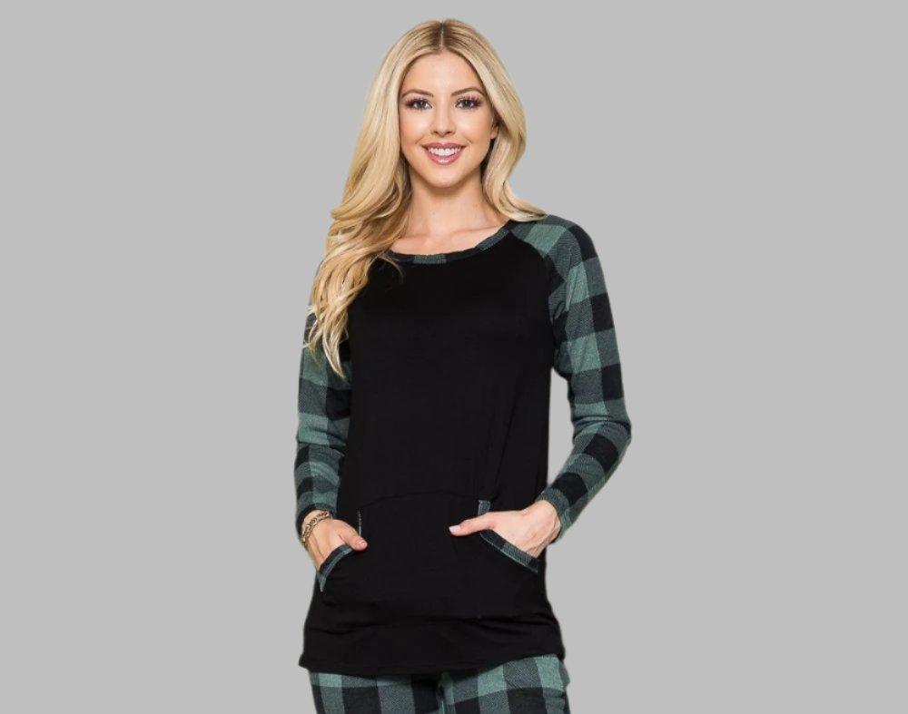 CELESTE - Green Plaid Long Sleeve T - Shirt with Pockets