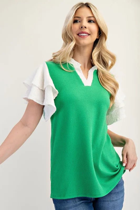 CELESTE - Green Textured V - Neck Top with White Ruffle Sleeves