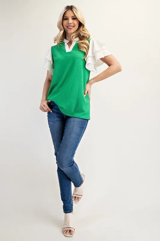 CELESTE - Green Textured V - Neck Top with White Ruffle Sleeves