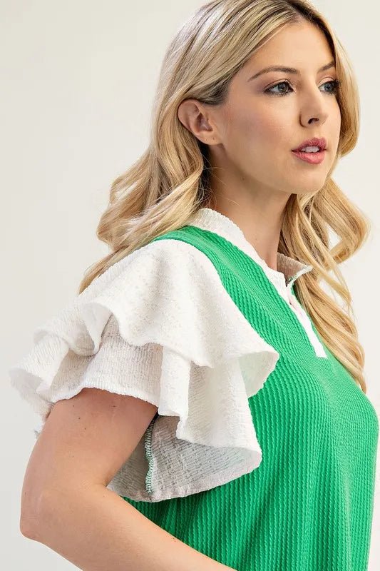 CELESTE - Green Textured V - Neck Top with White Ruffle Sleeves